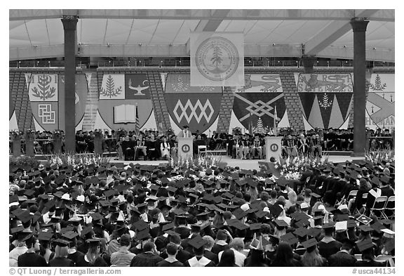University President addresses graduates during commencement. Stanford University, California, USA (black and white)