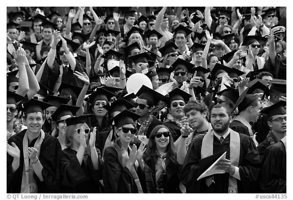 Graduating students wave to family and friends, commencement. Stanford University, California, USA (black and white)