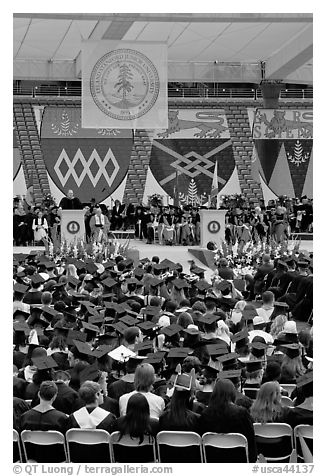 Justice Anthony Kennedy address new graduates at commencement. Stanford University, California, USA (black and white)