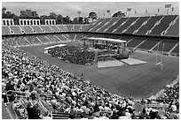 Commencement taking place in stadium. Stanford University, California, USA (black and white)