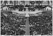 Students and university officials during commencement ceremony. Stanford University, California, USA (black and white)