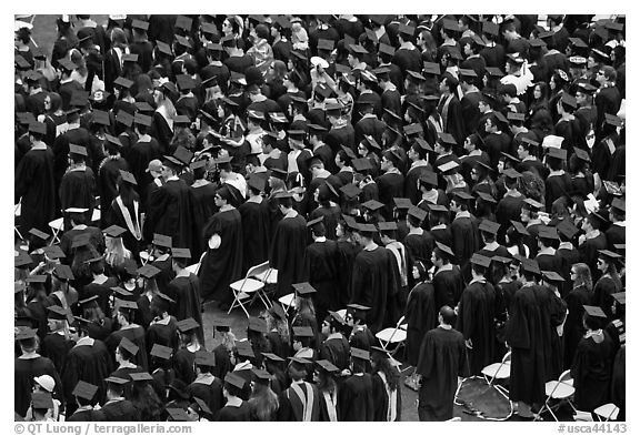 Rows of graduates in academic costume. Stanford University, California, USA (black and white)