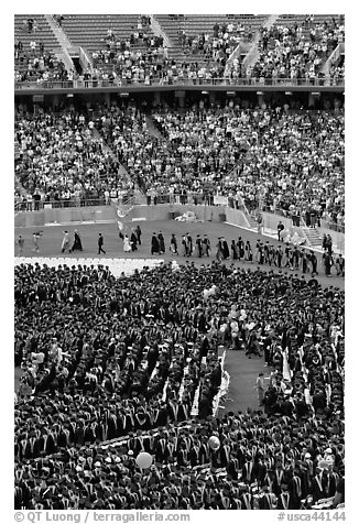 Graduates, exiting faculty, and spectators, commencement. Stanford University, California, USA (black and white)