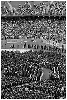 Graduates, exiting faculty, and spectators, commencement. Stanford University, California, USA (black and white)