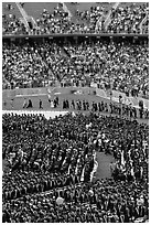 Graduates, exiting faculty, and spectators, commencement. Stanford University, California, USA (black and white)