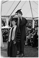 Professor confers doctoral scarf to student. Stanford University, California, USA ( black and white)