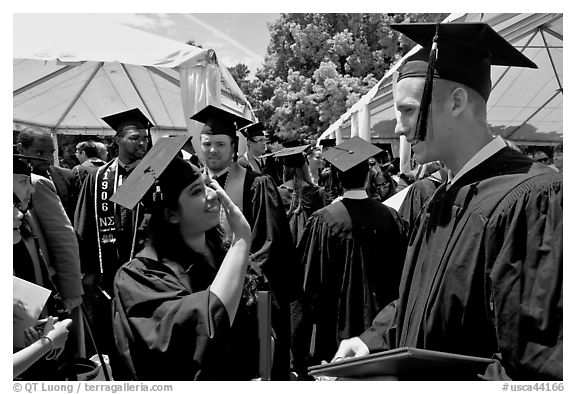 Students after graduation ceremony. Stanford University, California, USA (black and white)
