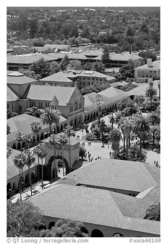 Memorial Church and Quad seen from above. Stanford University, California, USA (black and white)