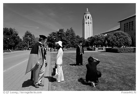 Conversation and picture taking after graduation. Stanford University, California, USA (black and white)