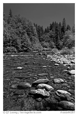 Clear Sacramento River, Castle Crags State Park. California, USA (black and white)
