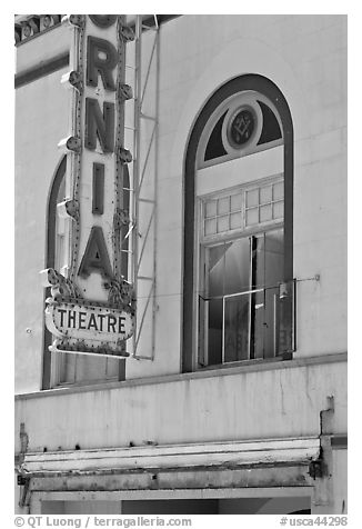 California Theater facade detail, Dunsmuir. California, USA (black and white)