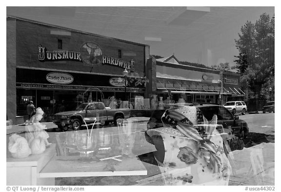 Reflections in store window, Dunsmuir. California, USA (black and white)