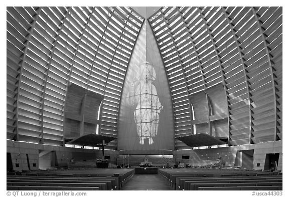 Inside of Cathedral of Christ the Light. Oakland, California, USA (black and white)