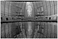 Interior reflected in Baptismal font, Oakland Cathedral. Oakland, California, USA (black and white)