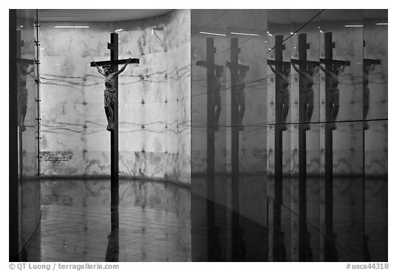 Christ and reflections, mausoleum, The Cathedral of Christ the Light. Oakland, California, USA (black and white)