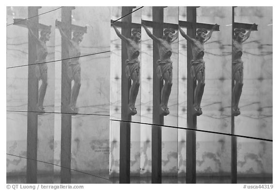 Multiple reflections of Christ, mausoleum, Christ the Light Cathedral. Oakland, California, USA