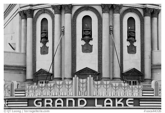 Detail of art deco facade, Grand Lake theater. Oakland, California, USA (black and white)