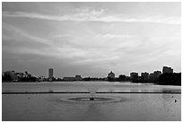 Lake Meritt, aeration fountain at sunset. Oakland, California, USA ( black and white)