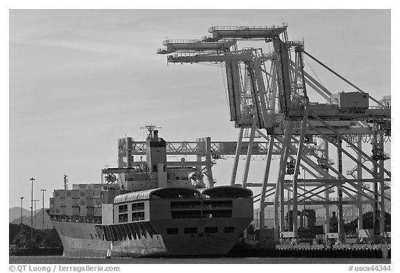 Cranes and cargo ship, Oakland port. Oakland, California, USA (black and white)