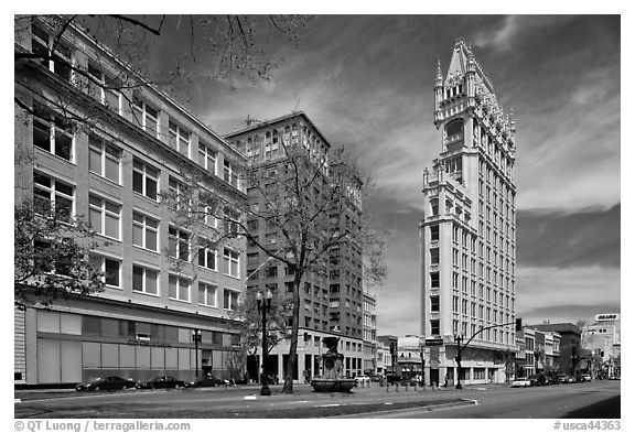 Broadway street and Cathedral Building. Oakland, California, USA (black and white)
