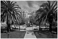 Preservation Park square with Federal building behind. Oakland, California, USA ( black and white)