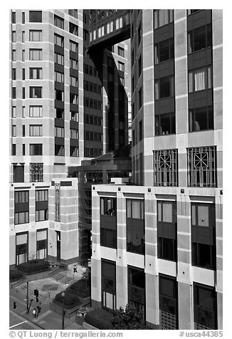 Base of Federal towers. Oakland, California, USA (black and white)
