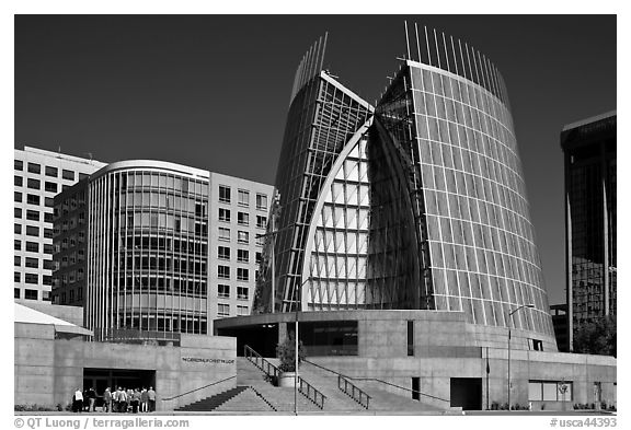 Oakland Cathedral in late 20th century abstract style. Oakland, California, USA (black and white)