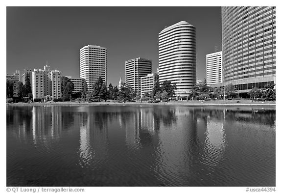 High rise buildings on Lake Merritt shores. Oakland, California, USA (black and white)