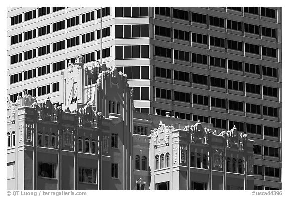 Historic and modern high rise buildings. Oakland, California, USA (black and white)