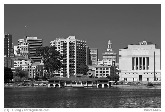 Skyline with Tribune tower, city hall, and Scott Rite temple. Oakland, California, USA (black and white)