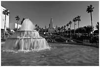 Fountain and Oakland mormon (LDS) temple. Oakland, California, USA (black and white)