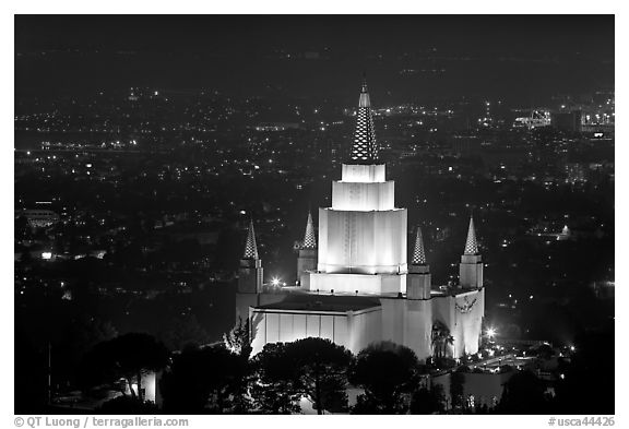 Church of Jesus Christ of LDS by night. Oakland, California, USA (black and white)