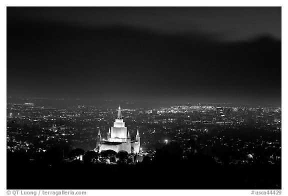 Oakland temple above the Bay by night. Oakland, California, USA (black and white)