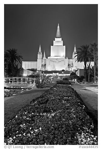 Oakland LDS temple and grounds by night. Oakland, California, USA (black and white)