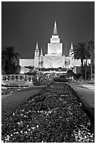 Oakland LDS temple and grounds by night. Oakland, California, USA (black and white)