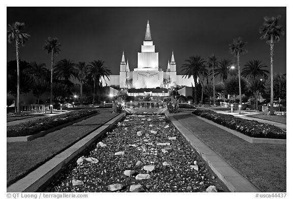 Oakland Mormon temple and grounds by night. Oakland, California, USA