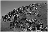 Crowds scrambling on hill during mavericks competition. Half Moon Bay, California, USA ( black and white)