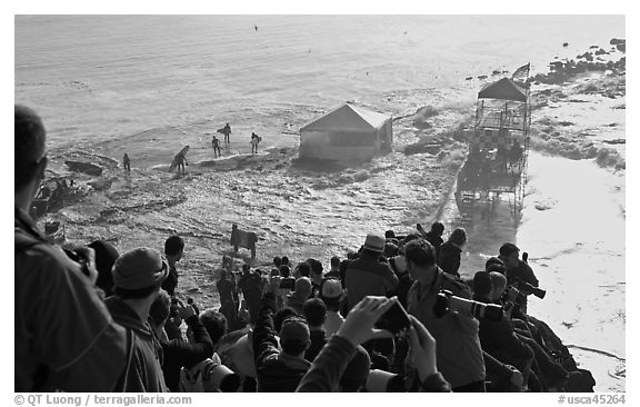 Pilar point washed out by rogue wave. Half Moon Bay, California, USA (black and white)