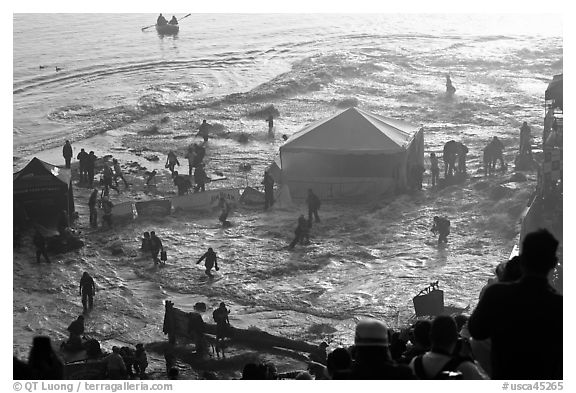 Tidal wave washing booth during mavericks contest. Half Moon Bay, California, USA