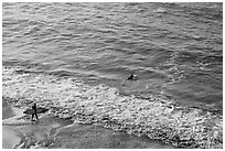 Surfers departing the beach towards the break. Half Moon Bay, California, USA (black and white)