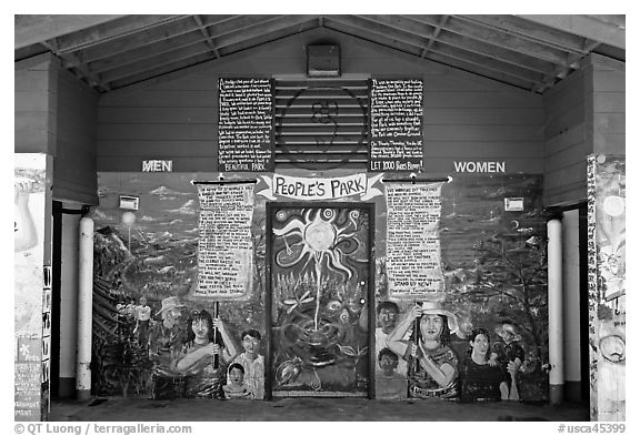 Bathroom with mural at Peoples Park name. Berkeley, California, USA (black and white)