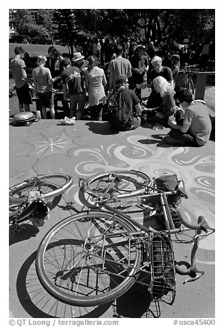 Bicycles and food line, Peoples Park. Berkeley, California, USA (black and white)