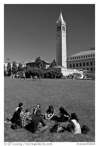 Students on lawn with Campanile in background. Berkeley, California, USA