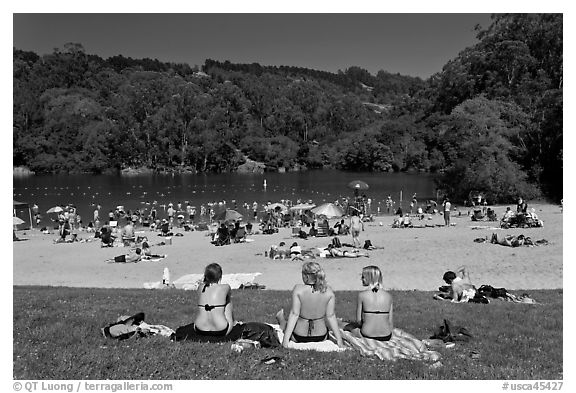 Sunbathing, Lake Anza, Tilden Regional Park. Berkeley, California, USA (black and white)