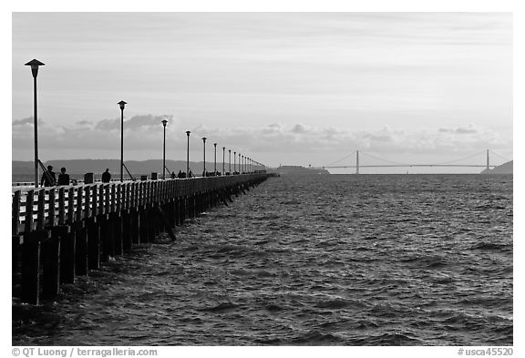 Berkeley Pier, Alcatraz Island, and Golden Gate Bridge. Berkeley, California, USA (black and white)