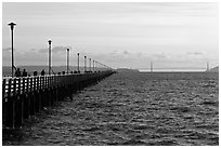 Berkeley Pier, Alcatraz Island, and Golden Gate Bridge. Berkeley, California, USA (black and white)