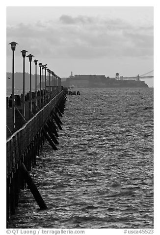 Berkeley Pier and Alcatraz at sunset. Berkeley, California, USA (black and white)