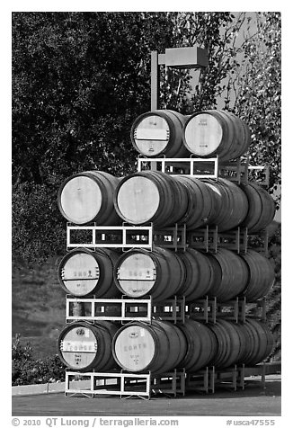 Barels of wine stacked outside, Artesa Winery. Napa Valley, California, USA (black and white)