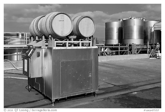 Wine processing equipment, Artesa Winery. Napa Valley, California, USA (black and white)