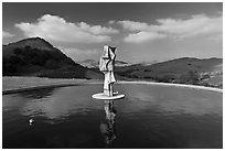 Pool, sculpture, and hills, Artesa Winery. Napa Valley, California, USA (black and white)